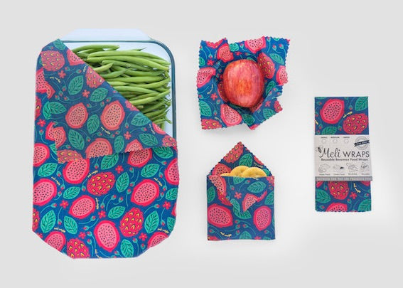 Reusable Beeswax Food Wrap - Dragonfruit Print - Meli Wraps Small + Medium + Large - 3-Pack