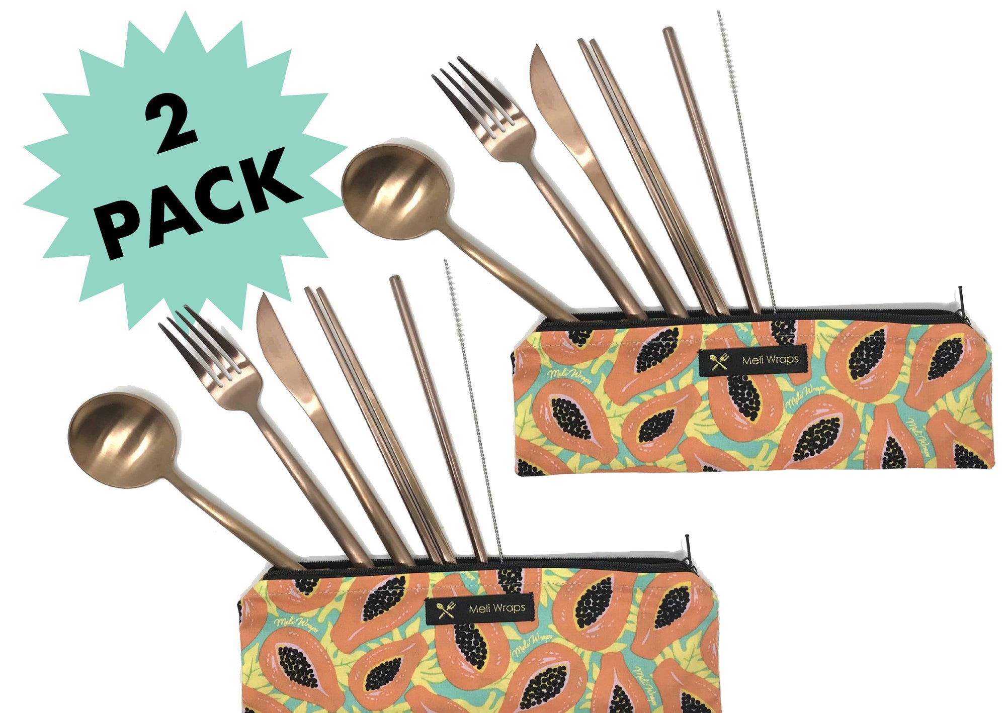 Meli Wraps Travel Eco Pack BUNDLE - 2 Tropical Papaya Travel Cutlery Sets