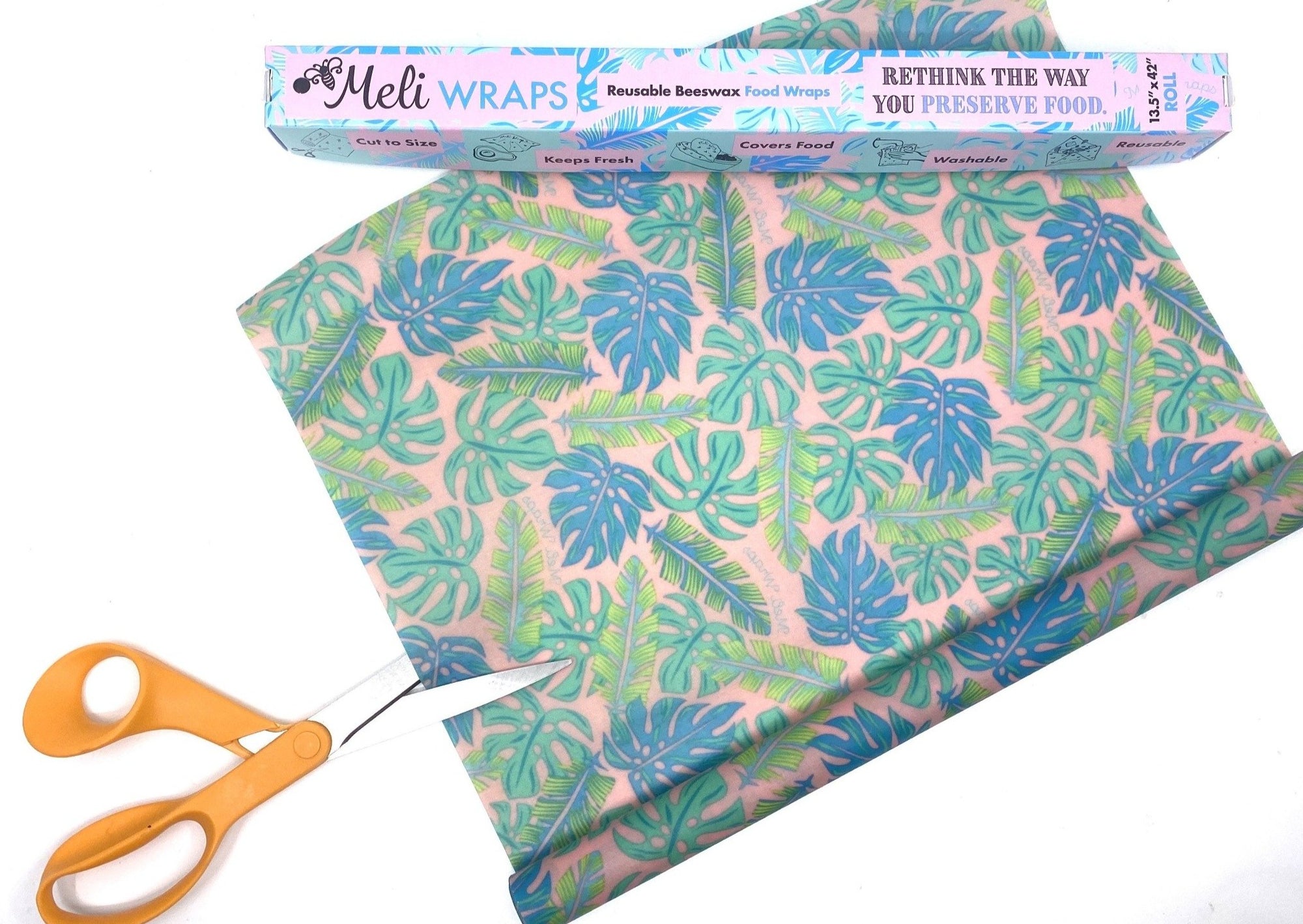 Meli Wraps Beeswax Wraps photo of a bulk roll of beeswax wraps in kahanu print