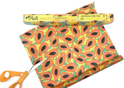 Meli Wraps Beeswax Wraps photo of a bulk roll of beeswax wraps in tropical papaya print